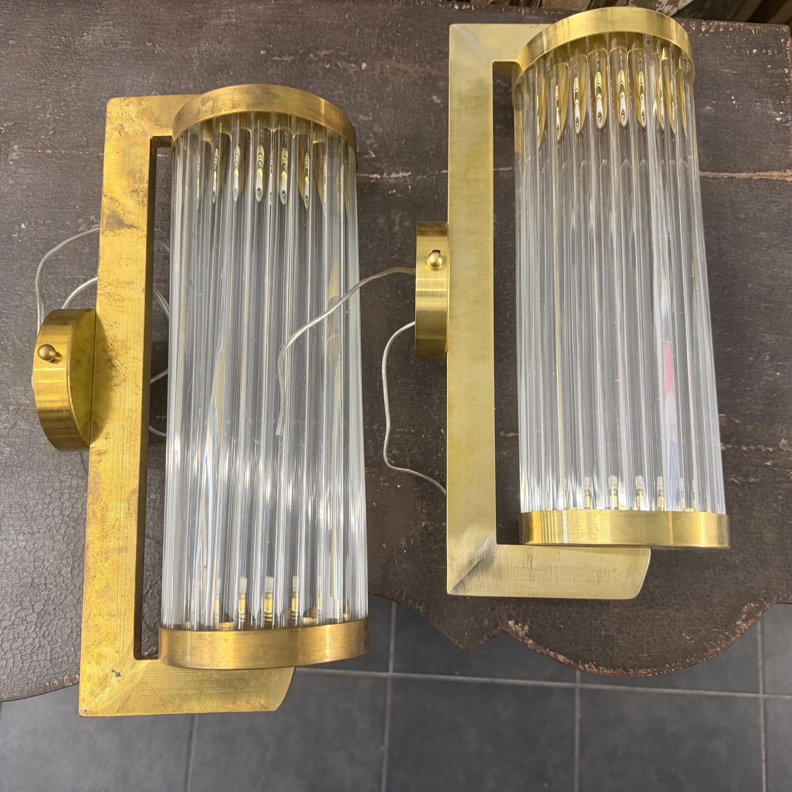 Two 1980s Art Deco Style Brass And Glass Italian Theater Wall Sconces photo for sale