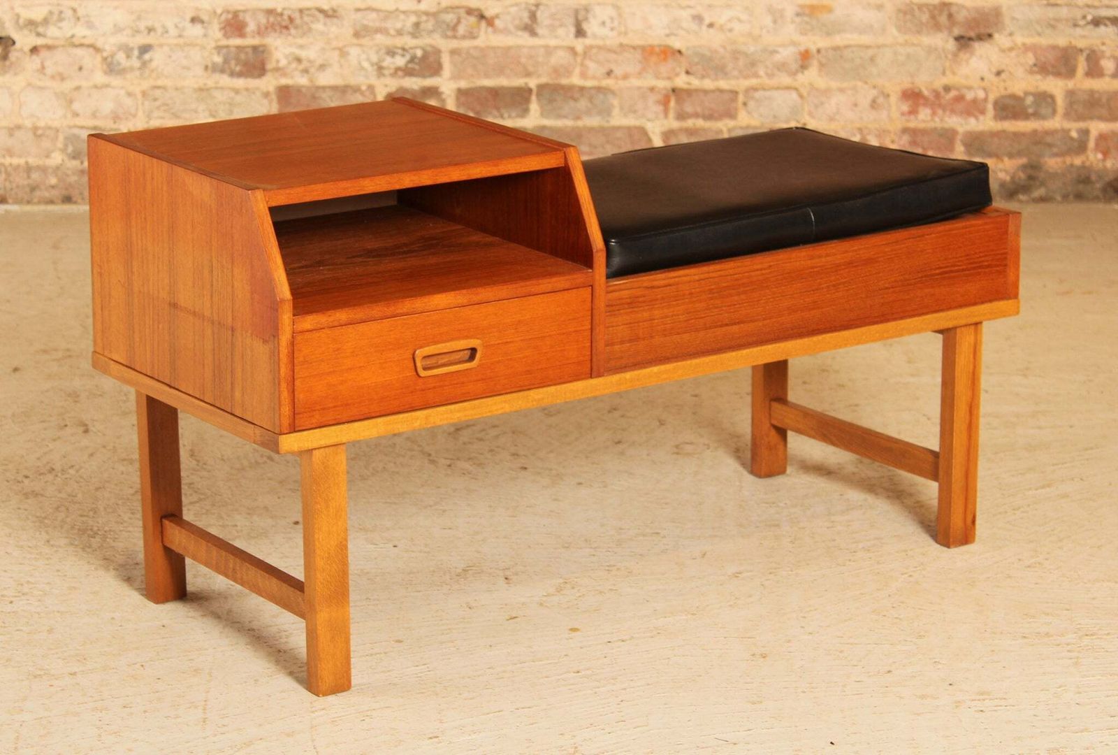 Mid Century Teak Telephone Seat With A Black Vinyl Seat And A Drawer, Circa 1960s photo for sale