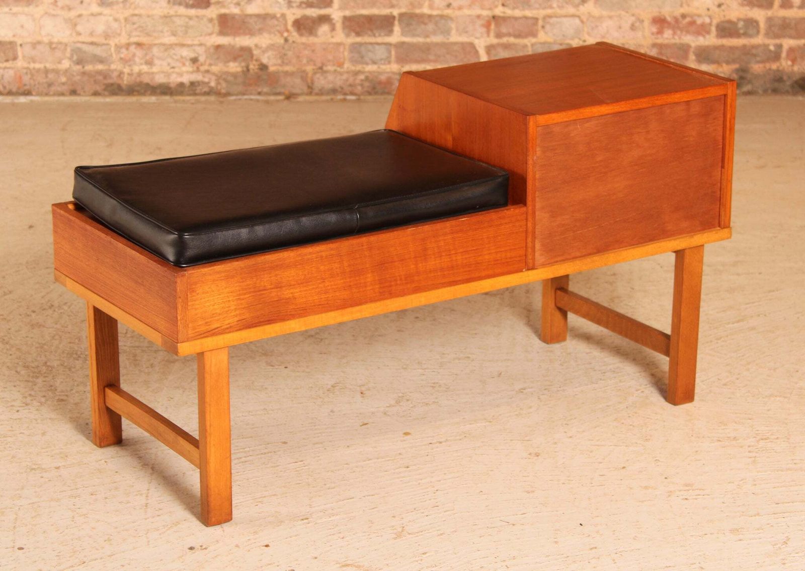 photo furniture Mid Century Teak Telephone Seat With A Black Vinyl Seat And A Drawer, Circa 1960s