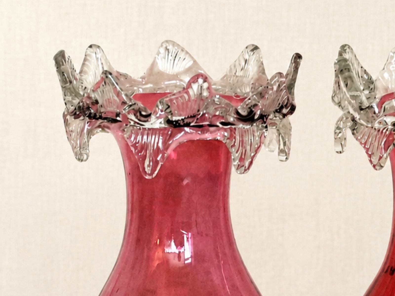 Near Pair Of Victorian Cranberry Glass Frill Rim Vases photo buy