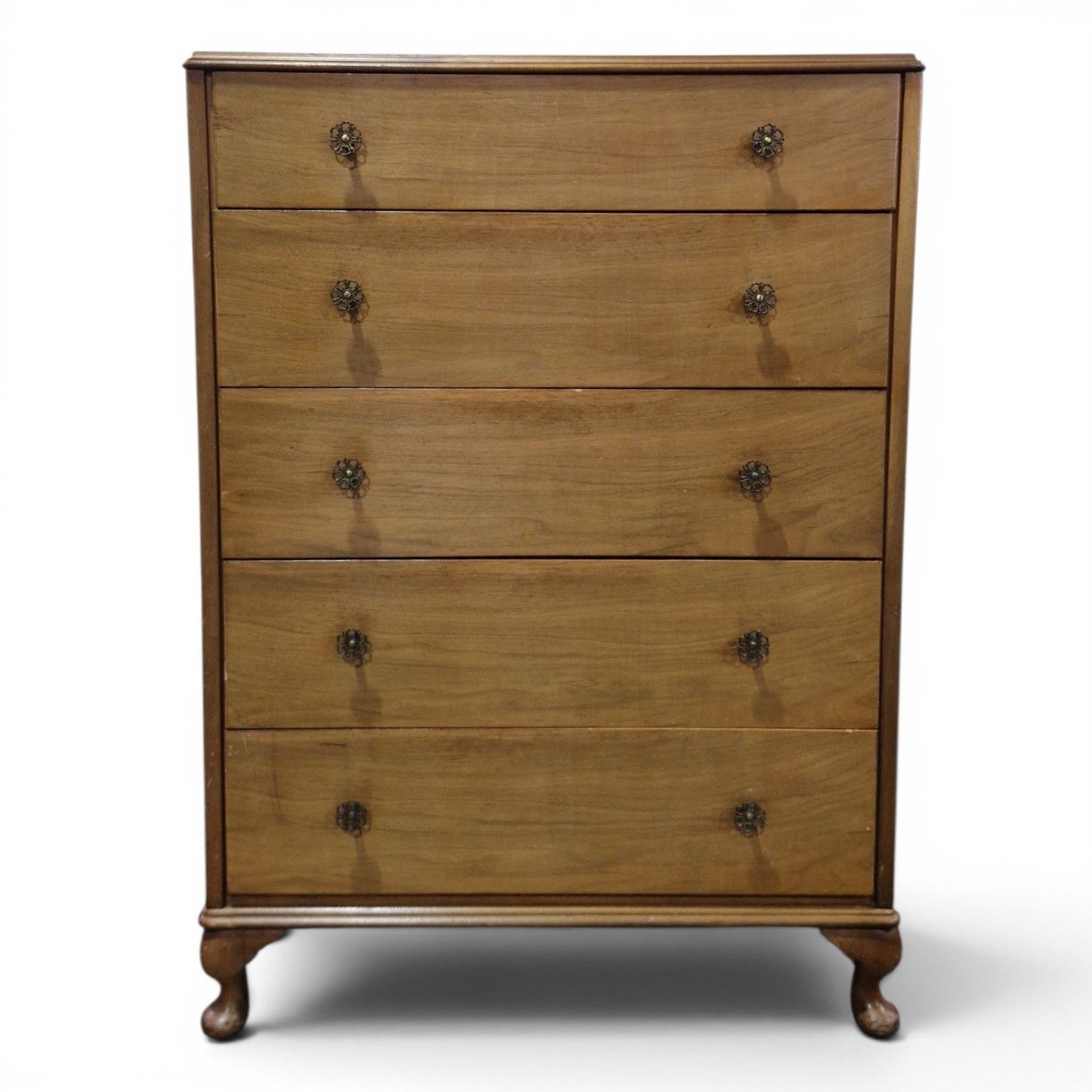 Vintage Chest Of Drawers Cabriole Legs 5 Drawer Bedroom Tallboy Queen Anne Style photo furniture