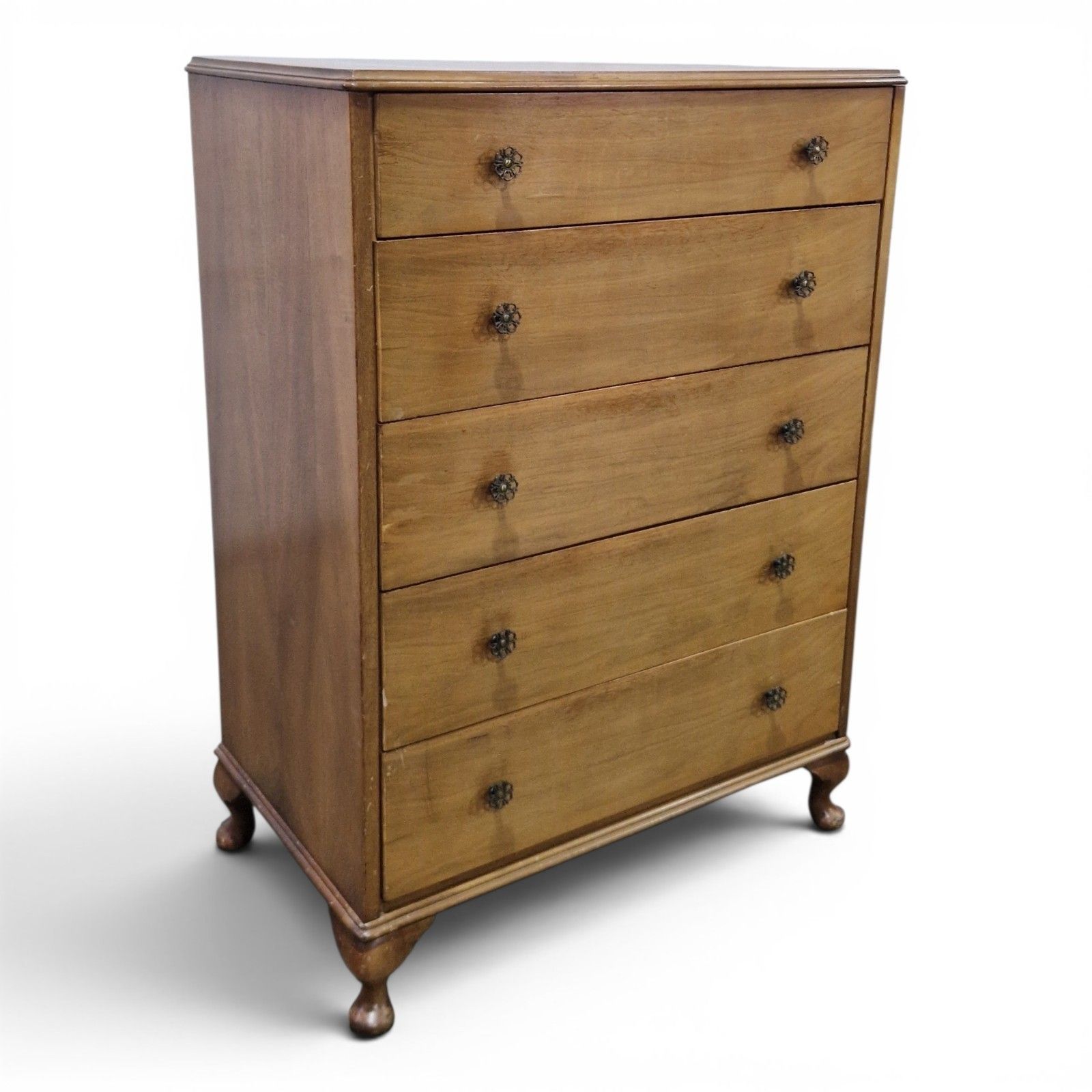 Vintage Chest Of Drawers Cabriole Legs 5 Drawer Bedroom Tallboy Queen Anne Style photo 250.0
