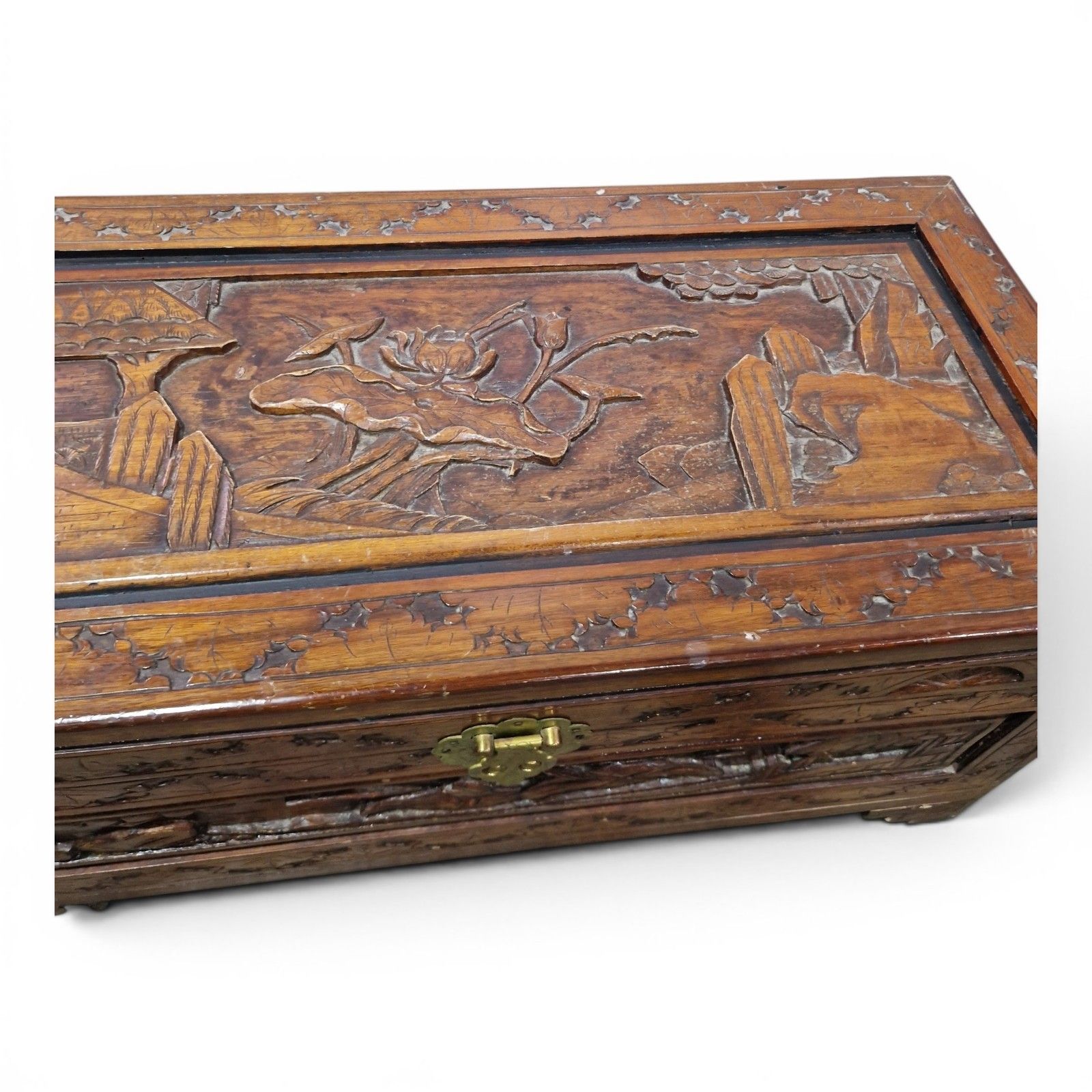 photo furniture Oriental Camphor Wood Blanket Box Heavily Carved Storage Chest Trunk