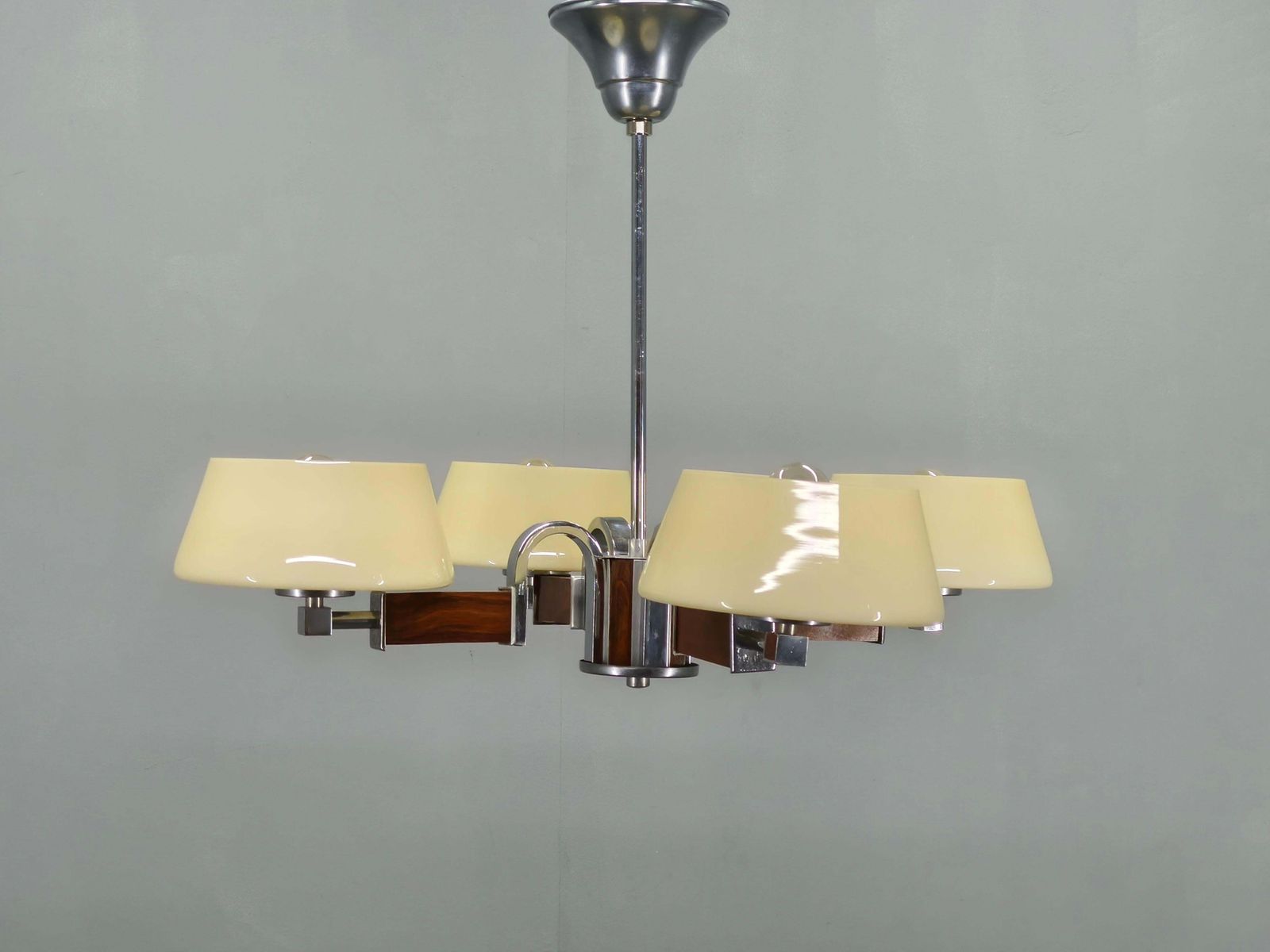 Art Deco Chandelier In Chrome, Wood And Glass, Czechoslovakia photo for sale