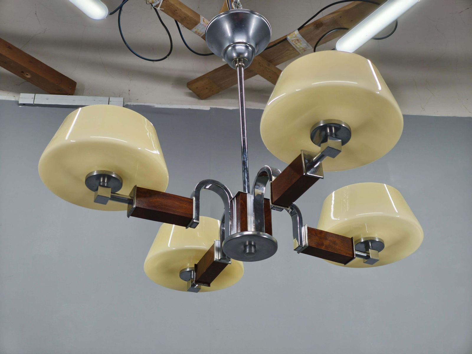 Art Deco Chandelier In Chrome, Wood And Glass, Czechoslovakia photo Lighting
