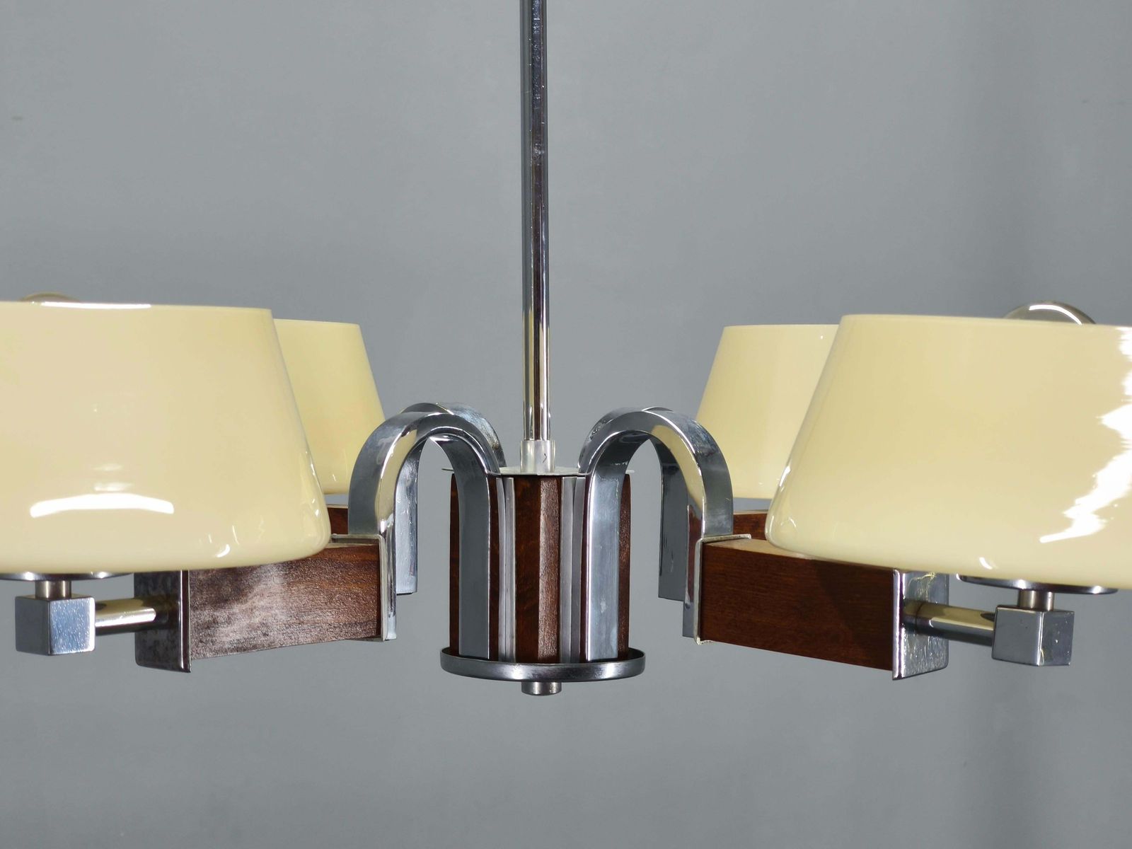 Art Deco Chandelier In Chrome, Wood And Glass, Czechoslovakia photo vinterior