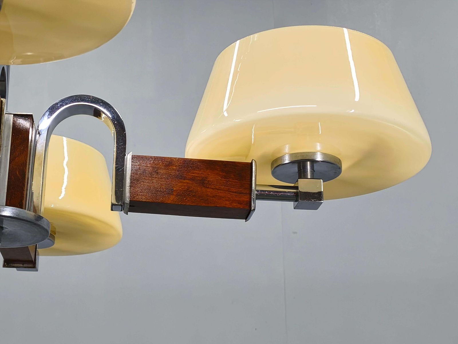 915.0 Art Deco Chandelier In Chrome, Wood And Glass, Czechoslovakia photo