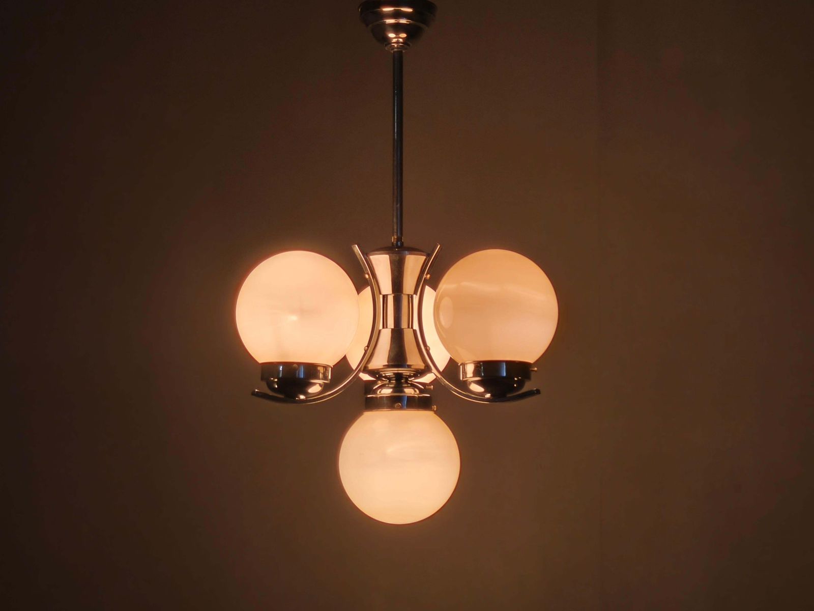 885.0 Art Deco Chrome And Opaline Glass Chandelier, Czechoslovakia photo