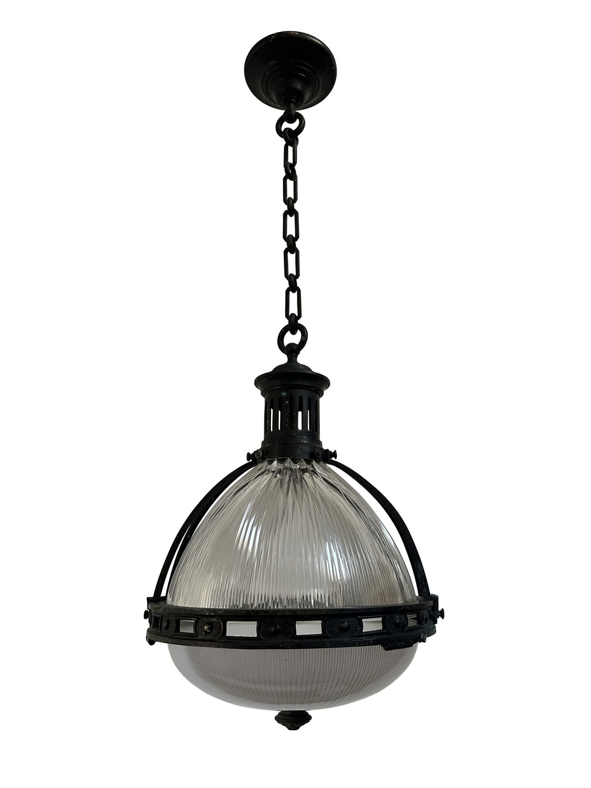 Xl Large Antique French Caged Holophane Glass Ceiling Pendant Light Lamp