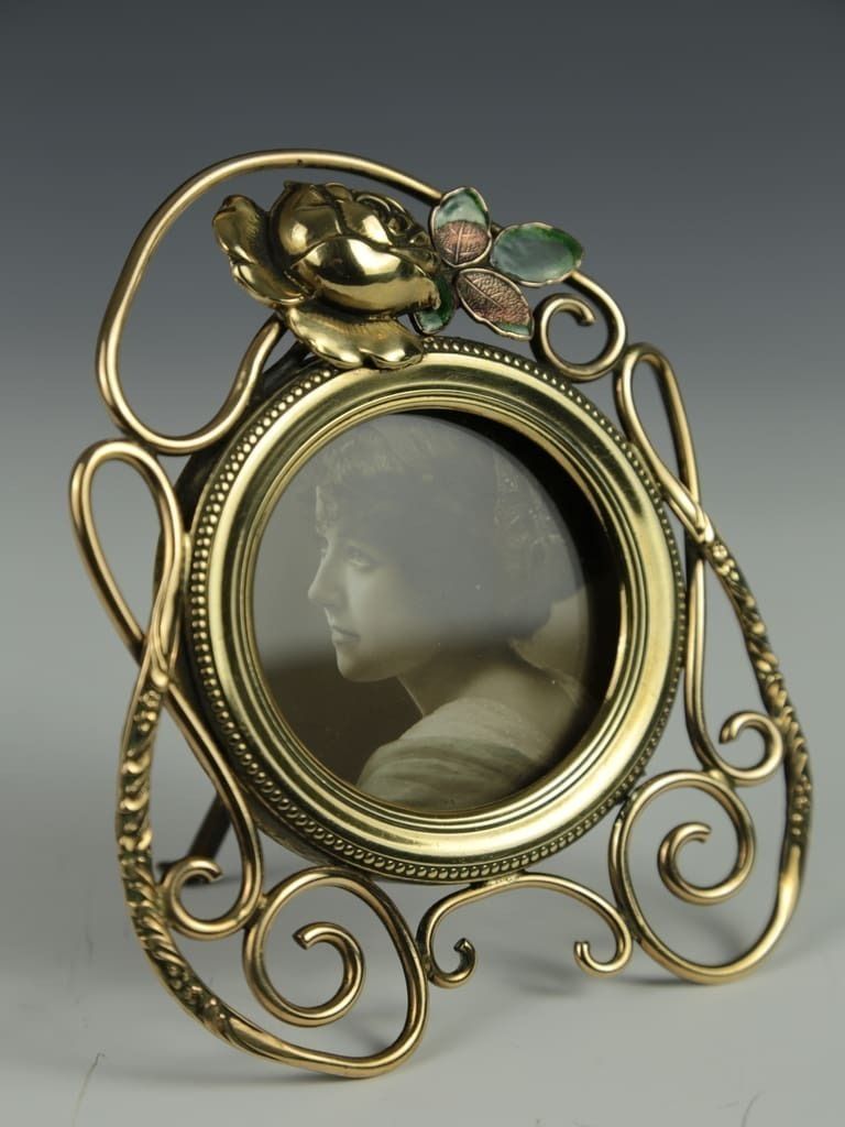 Antique Art Nouveau Brass Photo Frame With Rose And Enamel Design