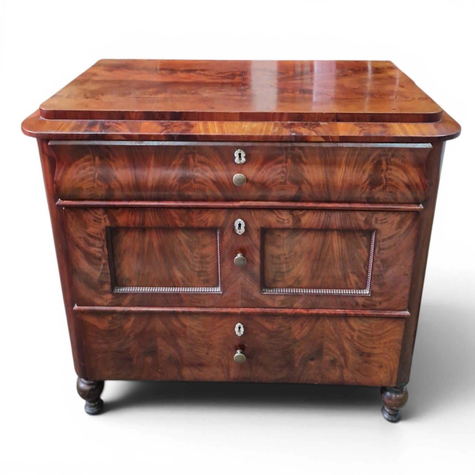 Antique Continental Flame Mahogany Chest Of 3 Drawers Biedermeier Style photo furniture