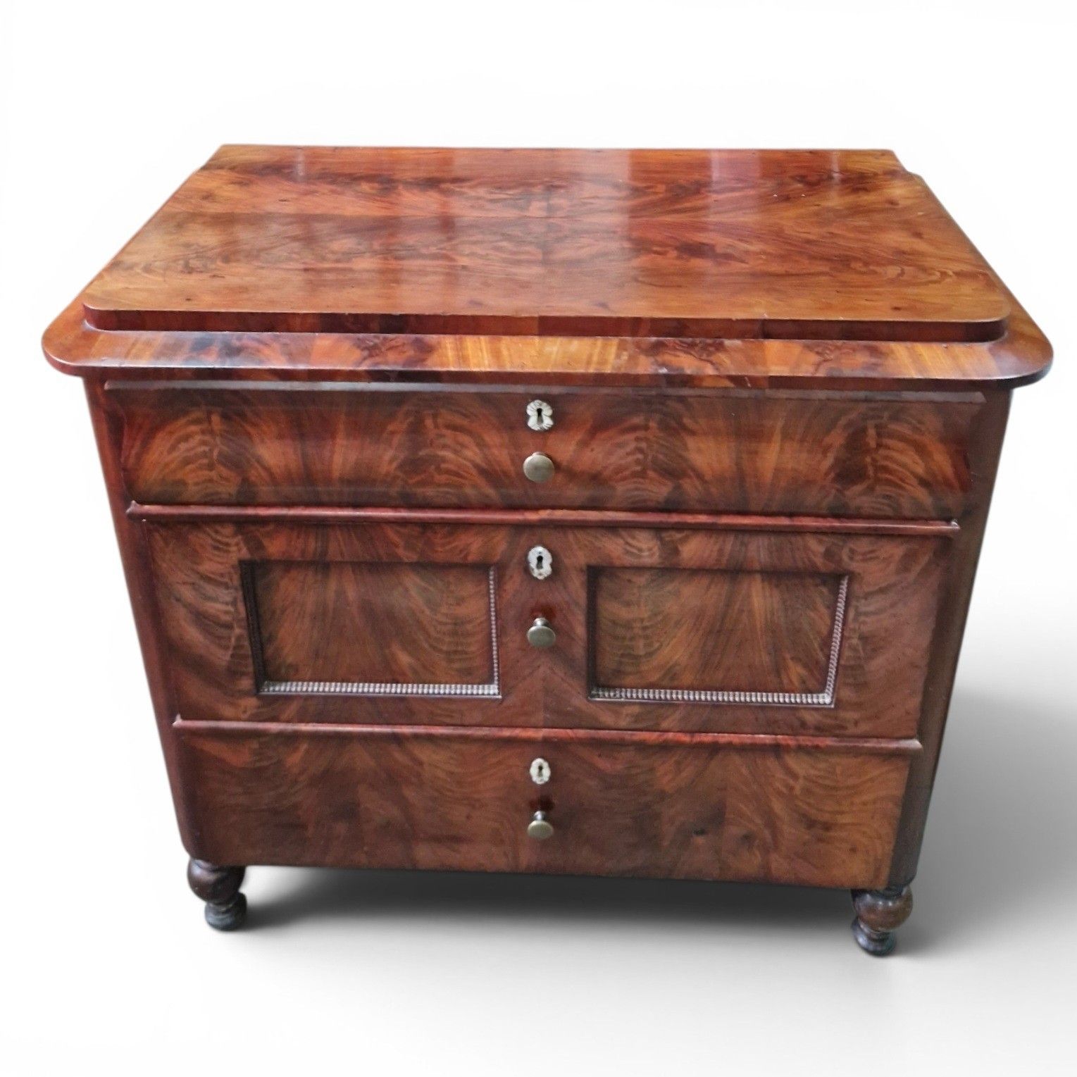 Antique Continental Flame Mahogany Chest Of 3 Drawers Biedermeier Style photo for sale