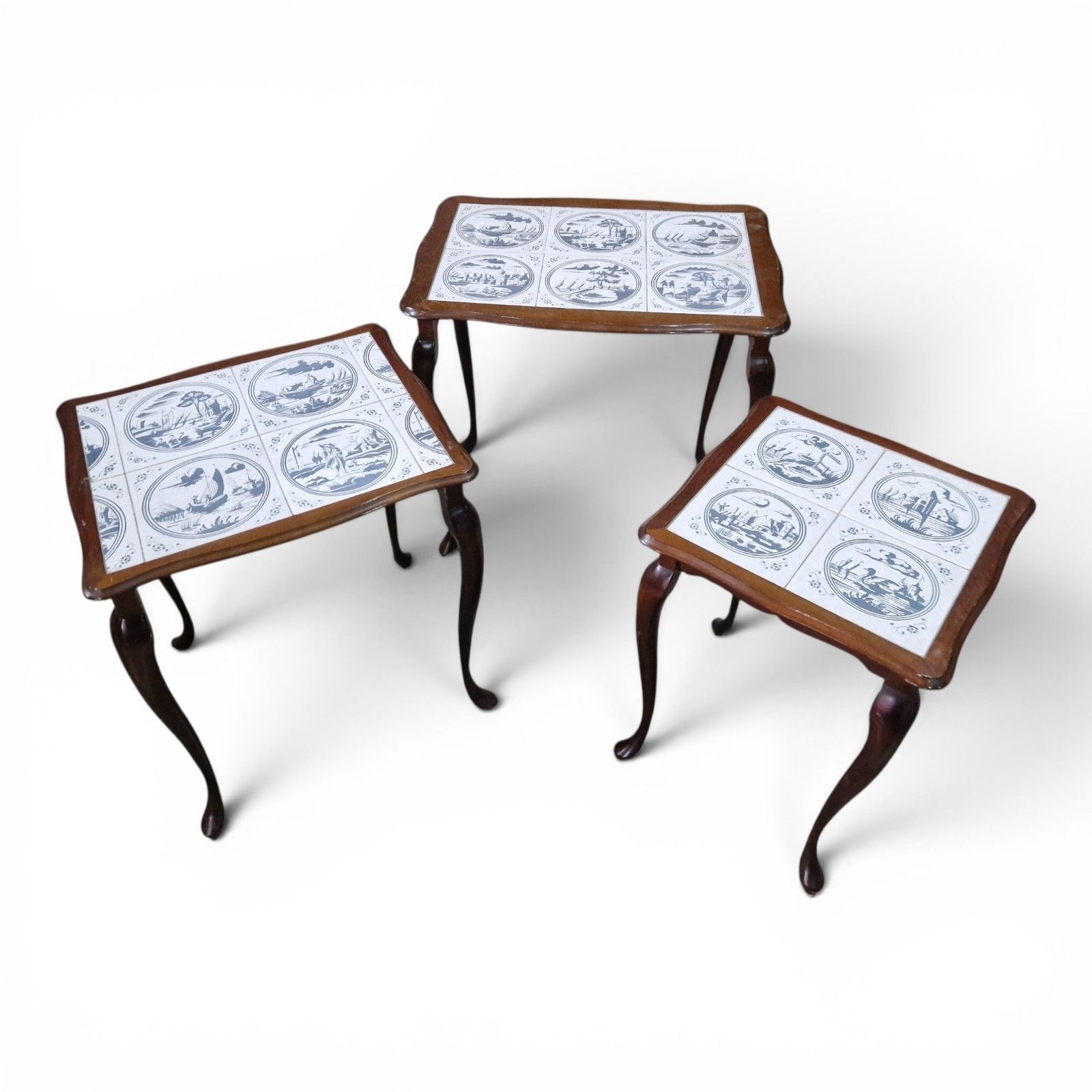 Vintage Nest Of 3 Delft Style Tile Top Tables Queen Anne Style Retro Cottage photo furniture