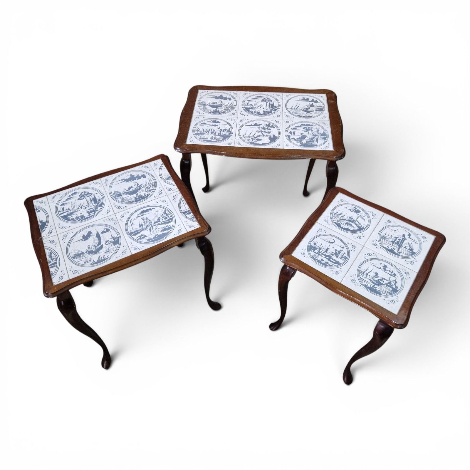 Vintage Nest Of 3 Delft Style Tile Top Tables Queen Anne Style Retro Cottage photo for sale