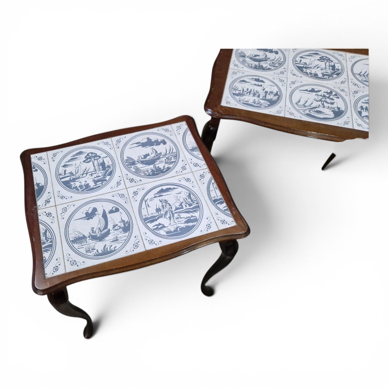 Vintage Nest Of 3 Delft Style Tile Top Tables Queen Anne Style Retro Cottage photo buy