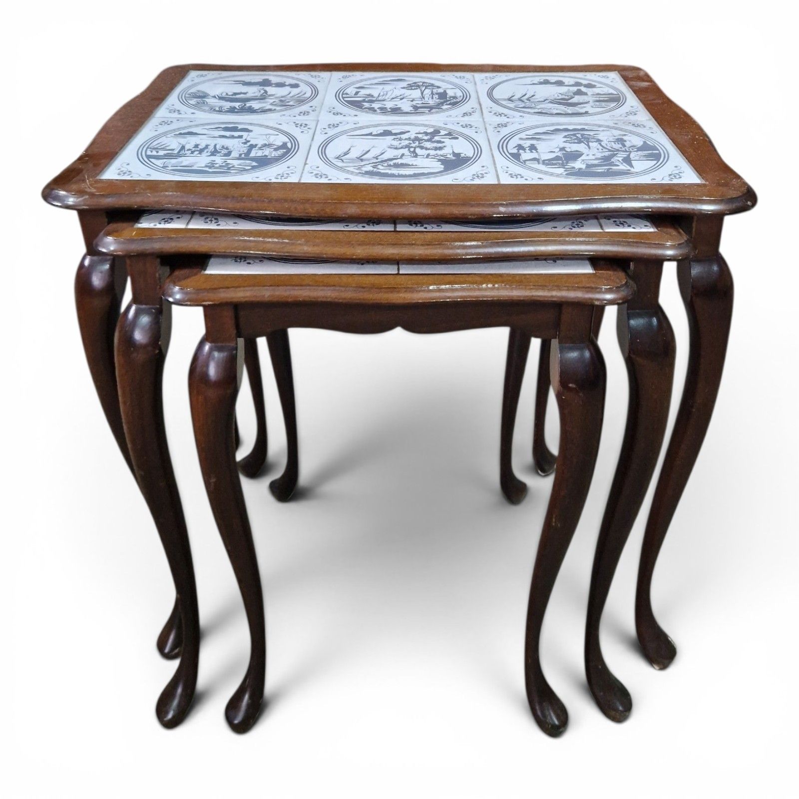 60.0 Vintage Nest Of 3 Delft Style Tile Top Tables Queen Anne Style Retro Cottage photo