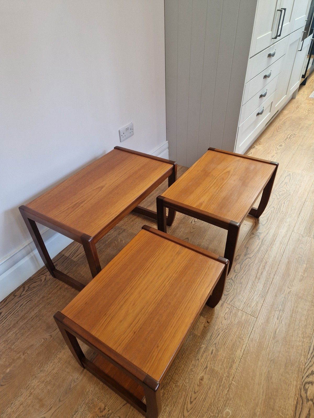 235.0 Vintage Teak Nest Of Tables | Mid Century Wooden Side Tables Set | Retro 3pc photo