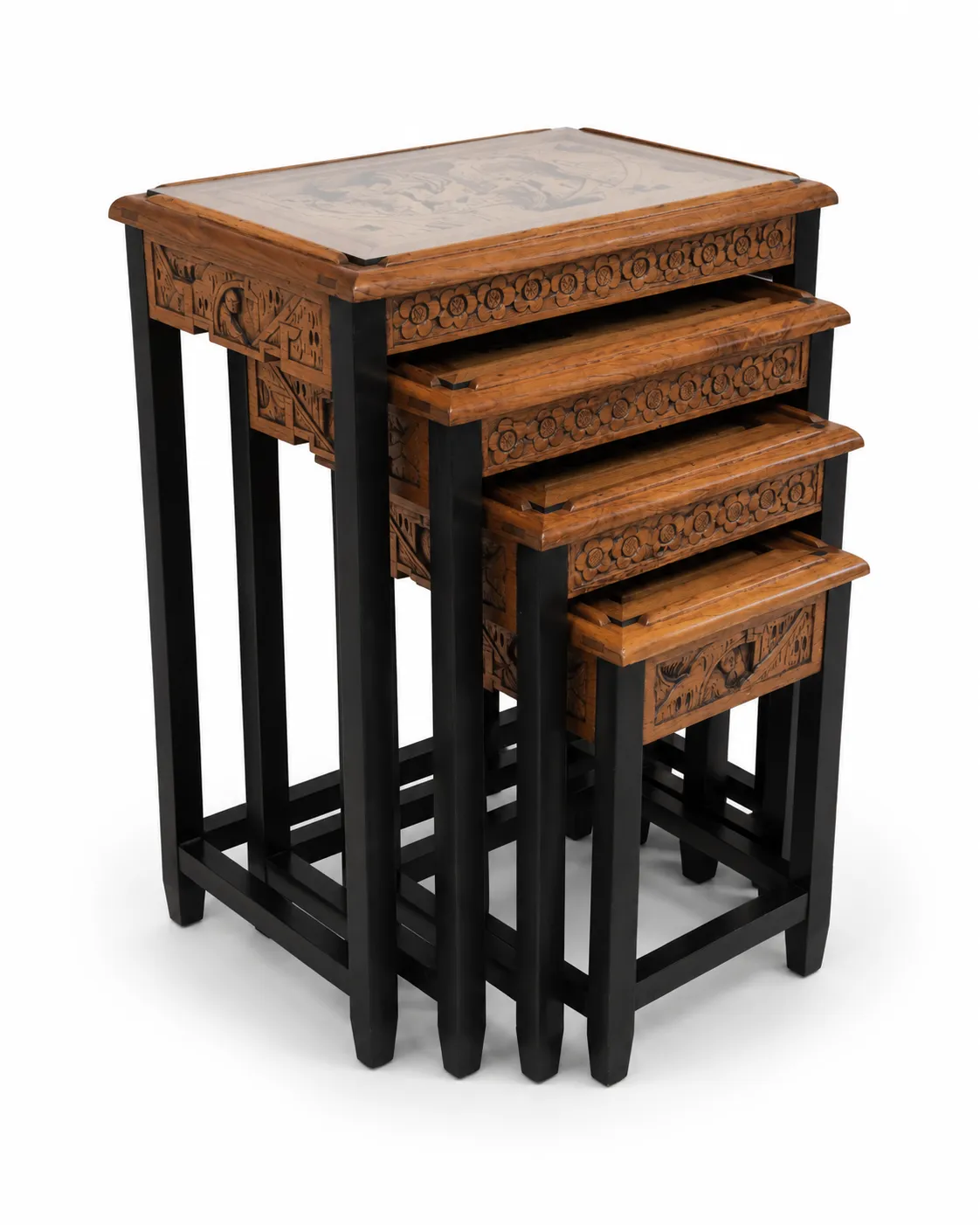 Vintage Chinese Camphor Wood Nest Of 4 Tables | Hand Carved Solid Wood photo furniture