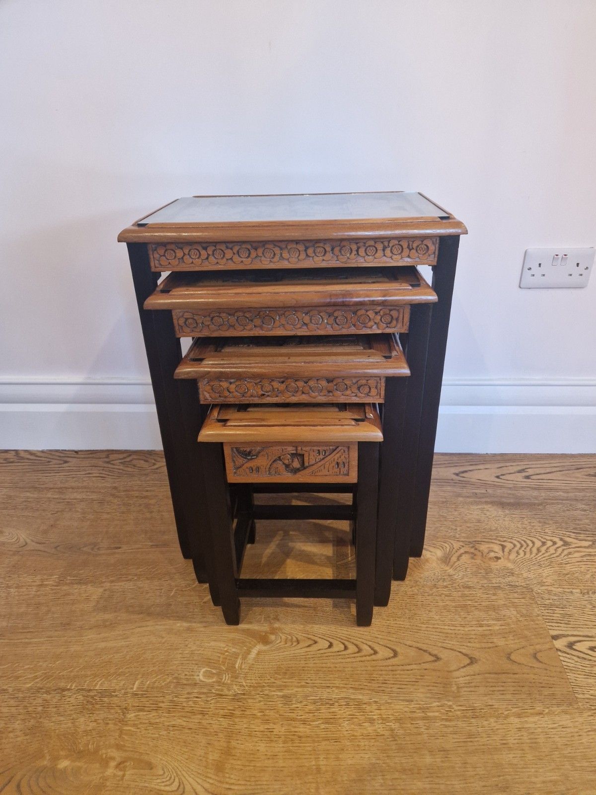 Vintage Chinese Camphor Wood Nest Of 4 Tables | Hand Carved Solid Wood photo vinterior