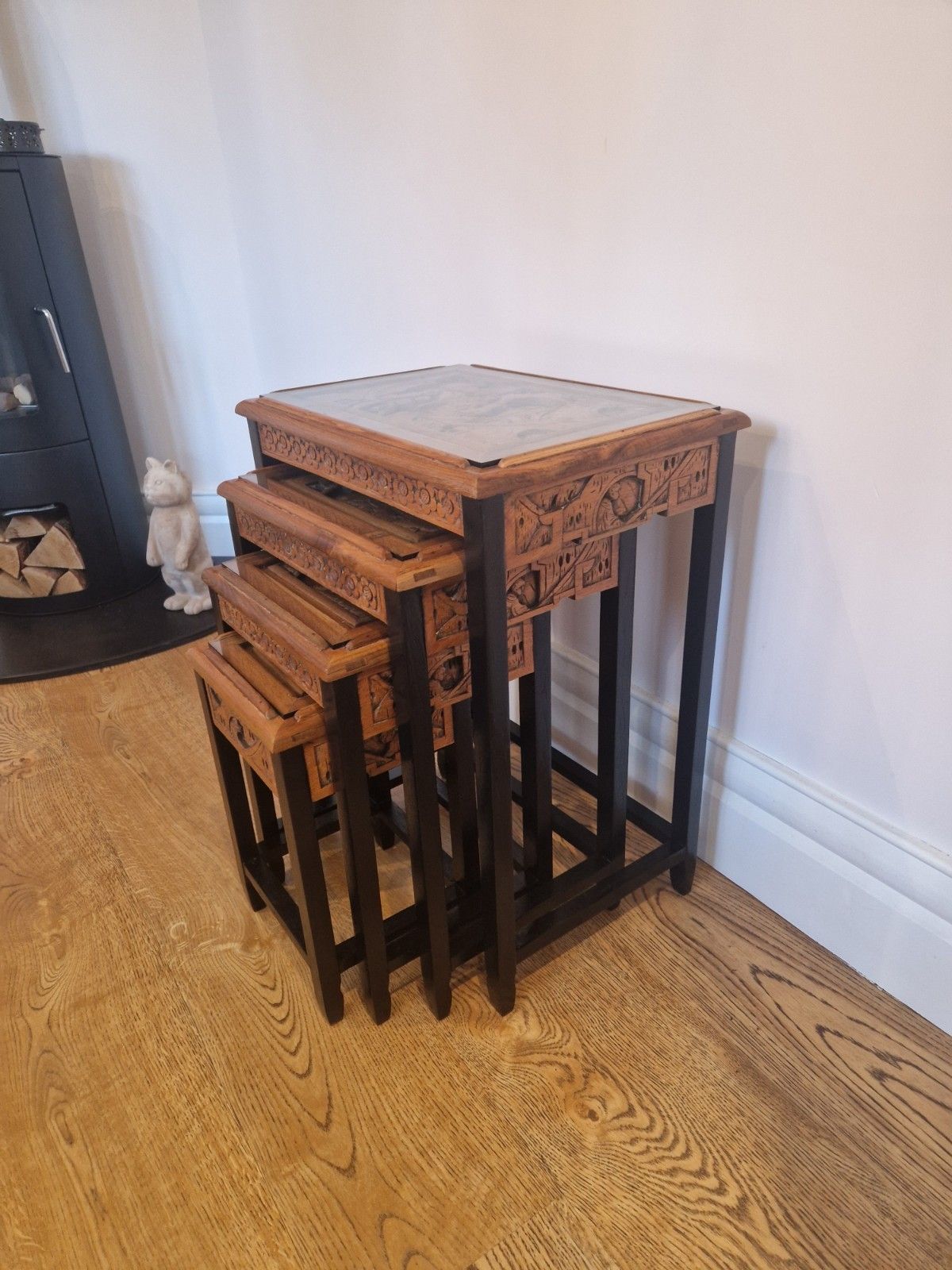 Vintage Chinese Camphor Wood Nest Of 4 Tables | Hand Carved Solid Wood photo vintage