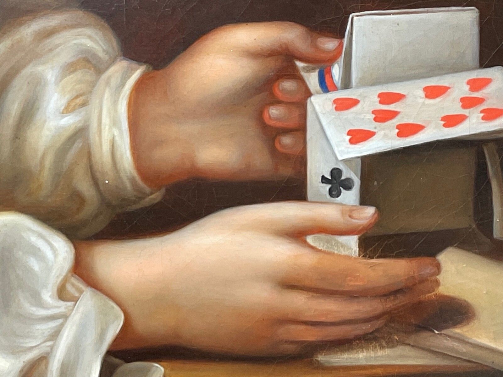 Large British Early Victorian Oil Painting Girl Playing House Of Cards photo vinterior