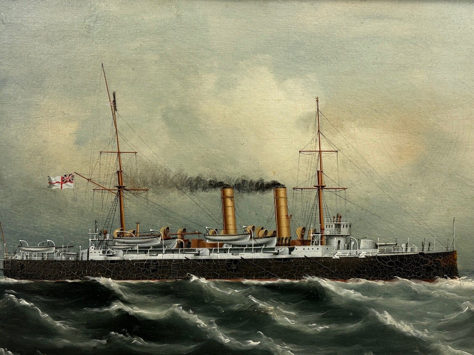 Early 20th Century Oil Painting Marine Ship Blake Class Cruiser Royal Navy Hms Blenheim photo furniture