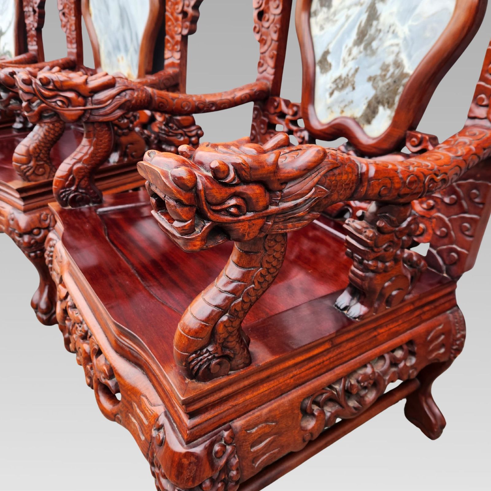 Exceptional Chinese Dragon Oriental Hall Bench Or Settle Rosewood Suite, Dining Armchairs photo vinterior