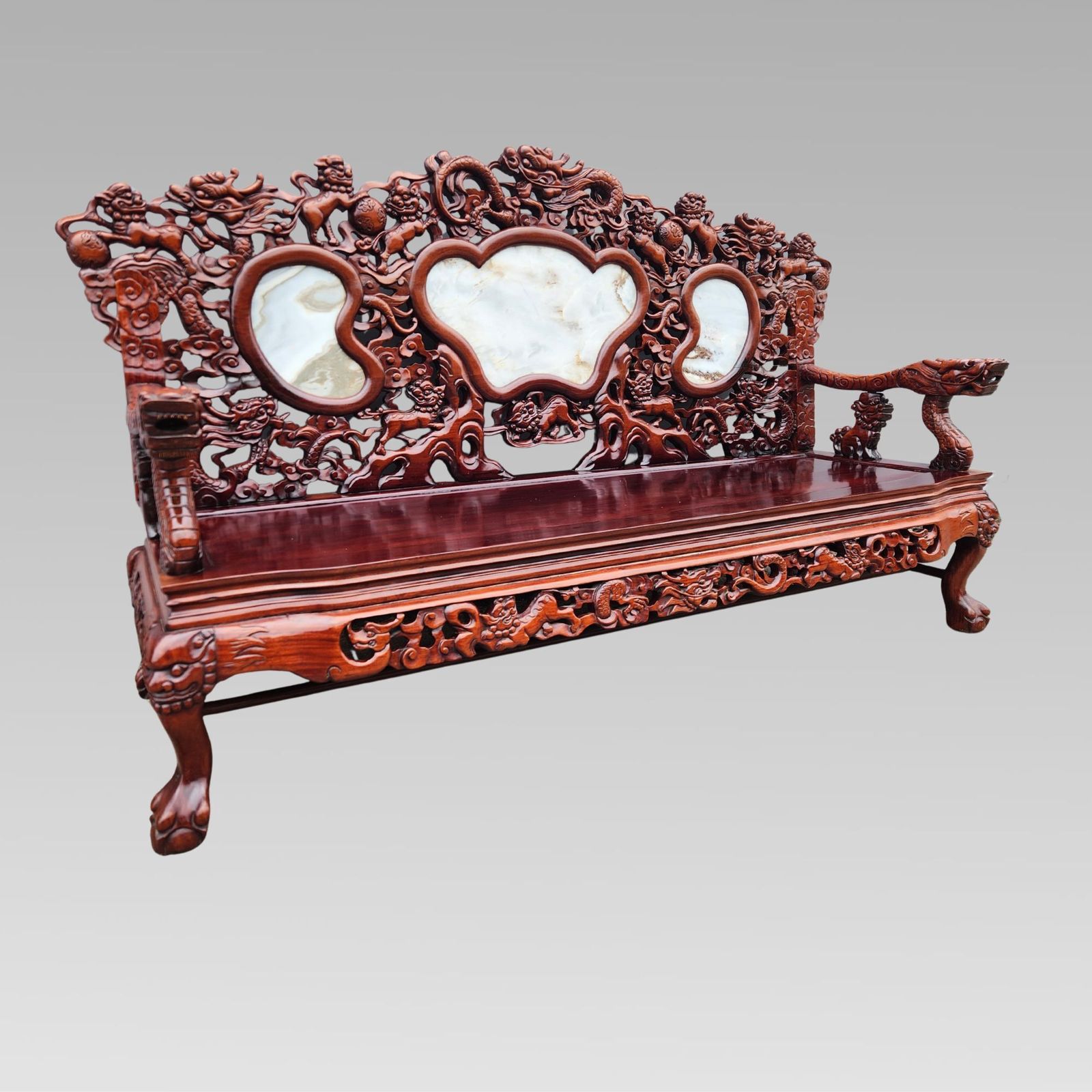photo vinterior Exceptional Chinese Dragon Oriental Hall Bench Or Settle Rosewood Suite, Dining Armchairs
