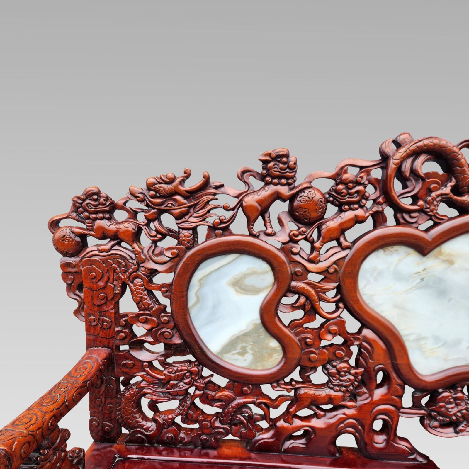 photo vintage Exceptional Chinese Dragon Oriental Hall Bench Or Settle Rosewood Suite, Dining Armchairs