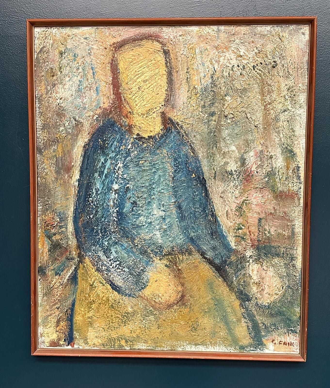 Original Swedish Oil On Canvas – “Kvinna I Blått” By Gösta Falck – Canvas 88 × 73 Cm (34.6" × 28.7") photo furniture