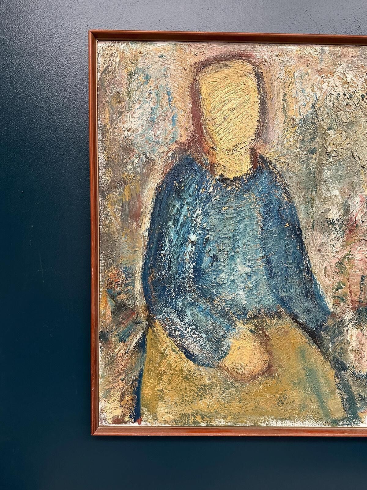 Original Swedish Oil On Canvas – “Kvinna I Blått” By Gösta Falck – Canvas 88 × 73 Cm (34.6" × 28.7") photo for sale