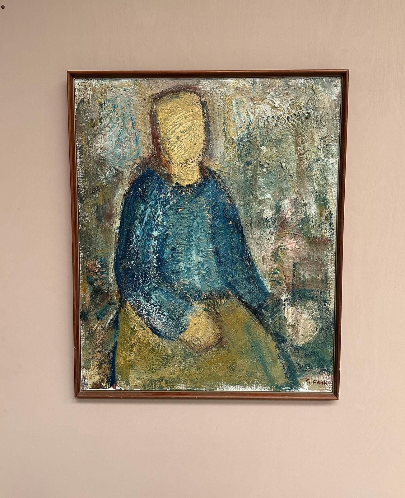 photo vintage Original Swedish Oil On Canvas – “Kvinna I Blått” By Gösta Falck – Canvas 88 × 73 Cm (34.6" × 28.7")