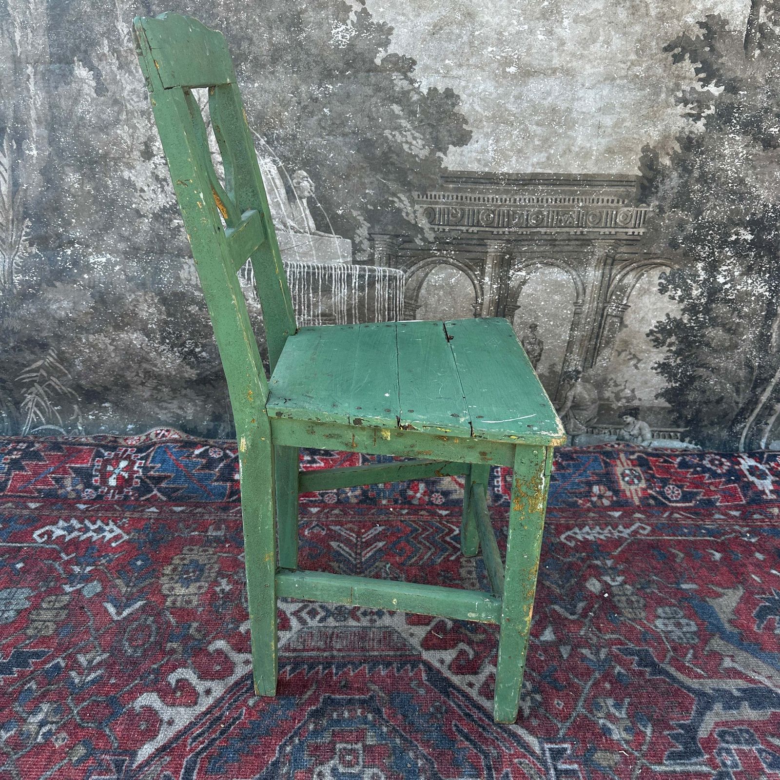 Rustic French Farmhouse Kitchen Chair — Original Green Paint photo for sale