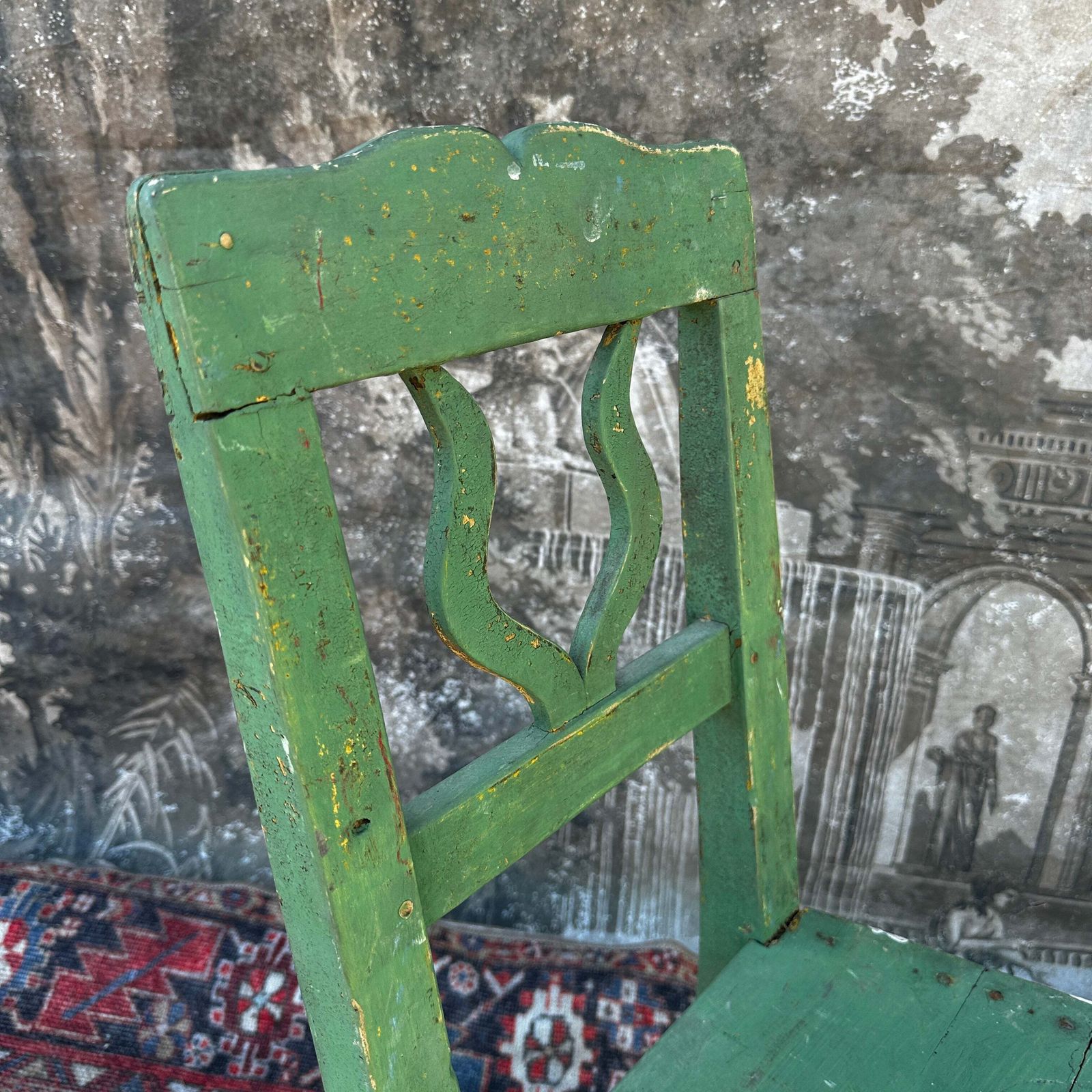Rustic French Farmhouse Kitchen Chair — Original Green Paint photo vintage