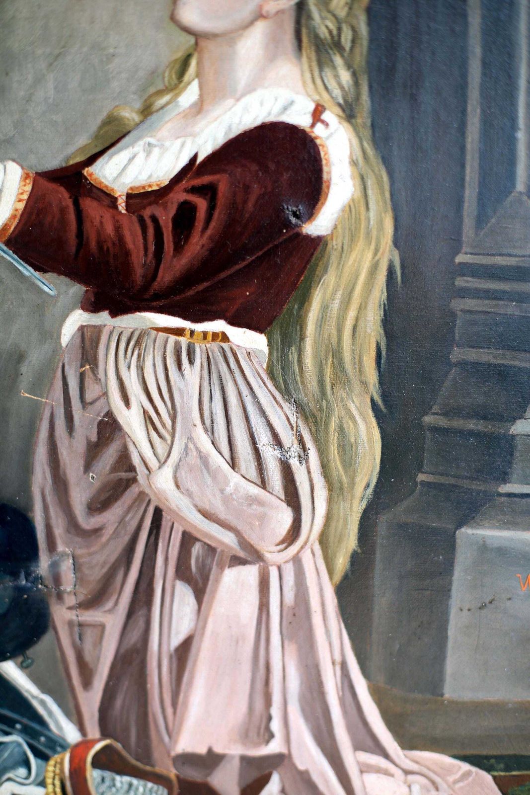 Antique French Joan Of Arc & Madonna Oil Painting Portrait Virgin Mary Religious Art photo vintage
