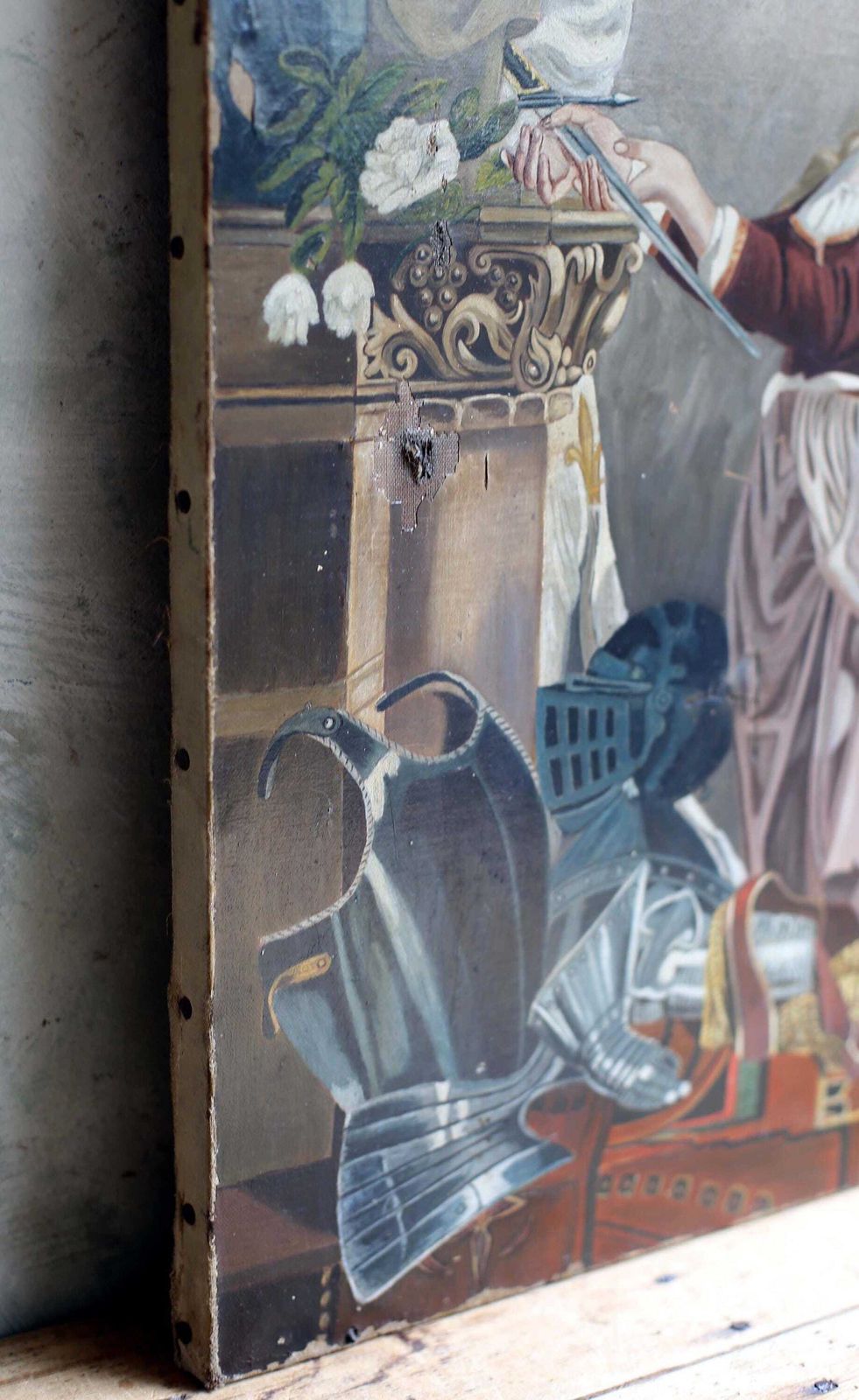 photo vinterior Antique French Joan Of Arc & Madonna Oil Painting Portrait Virgin Mary Religious Art