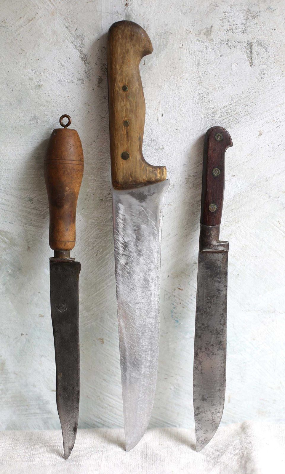 Collection Of 3 Antique French Kitchen Knives Steel Blades Wooden Handles Set Of 3 Butchers Knife photo Home Decor