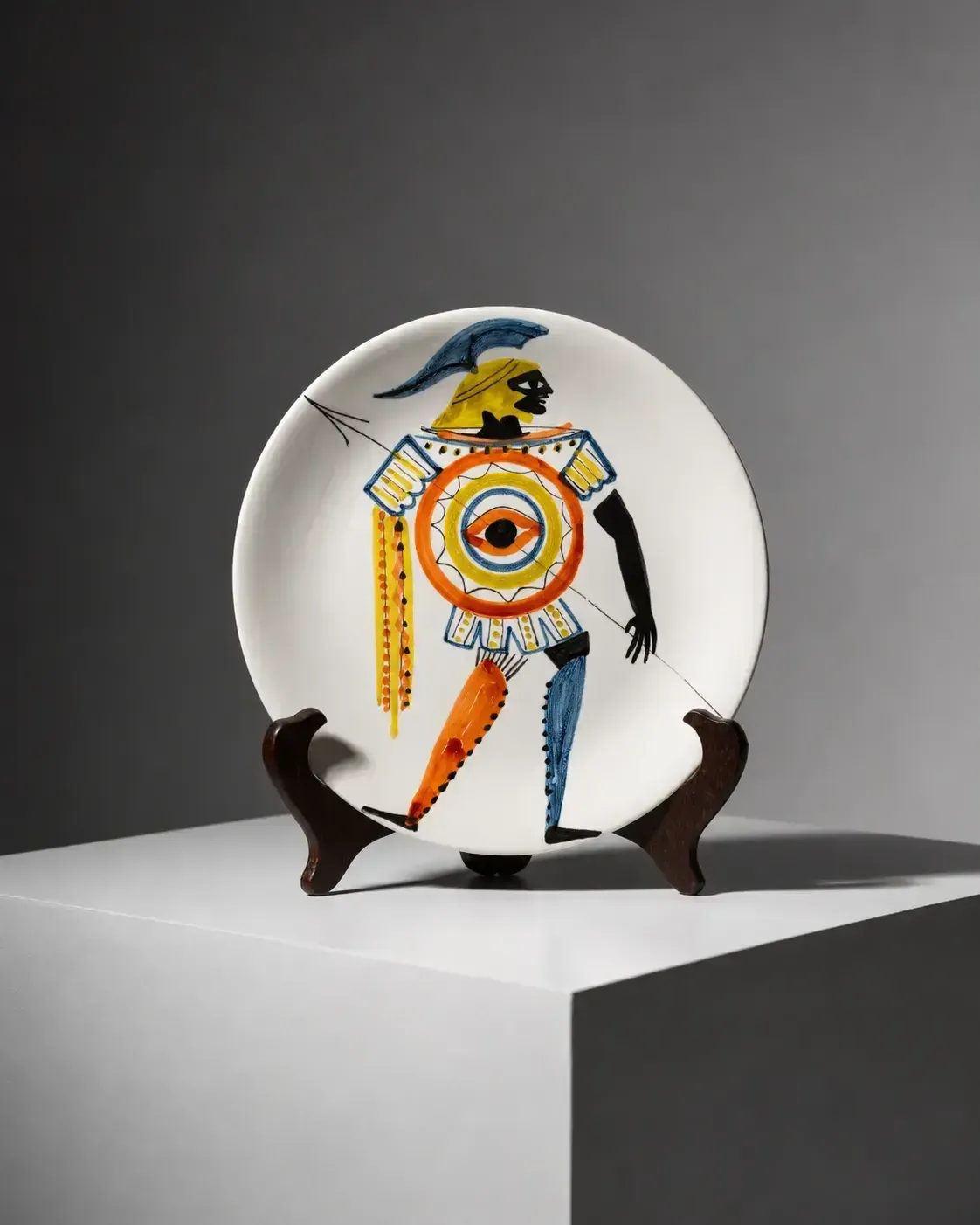 Geglazuurd aardewerken bord, hopliet met oogschild — Roger Capron, Vallauris, ca. 1955–1960