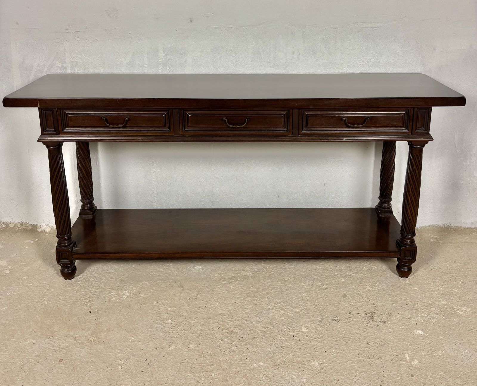 Grote Spaanse Rustieke Consoletafel In Walnoot Met Drie Lades En Onderste Schap, Jaren 1930 photo for sale