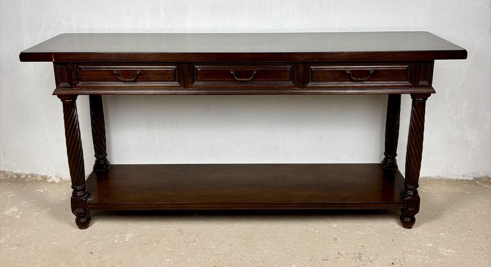 photo buy Large Spanish Walnut Rustic Console With Three Drawers And Lower Shelf, 1930s