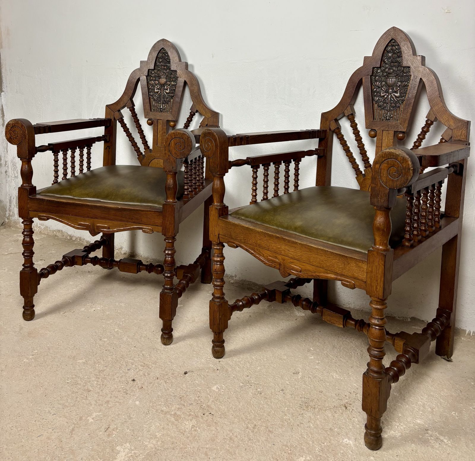 Pair Of Spanish Revival Armchairs With Carved Crest, Early 20th Century photo Furniture