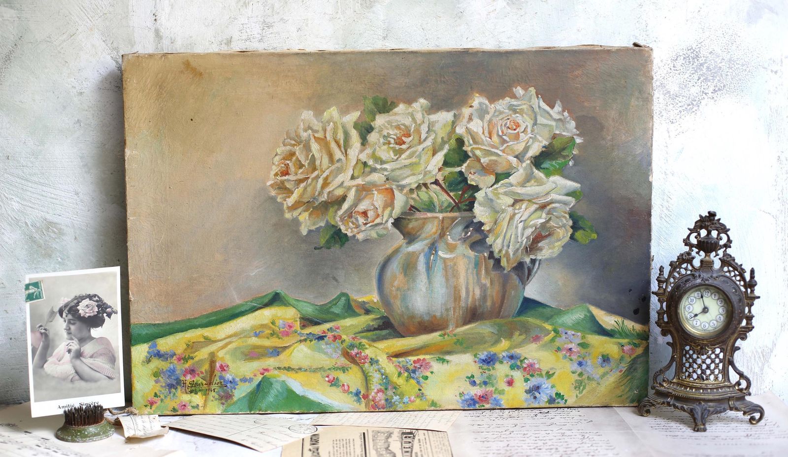 Original Antique Oil Painting Floral Canvas Art Still Life Pink Roses photo furniture