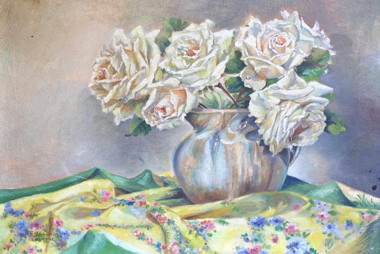 Original Antique Oil Painting Floral Canvas Art Still Life Pink Roses photo for sale