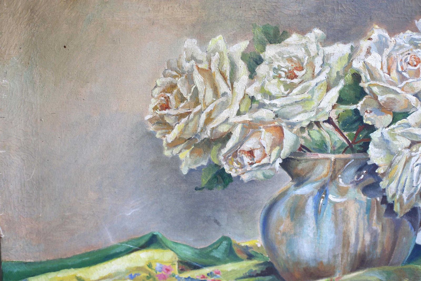 Original Antique Oil Painting Floral Canvas Art Still Life Pink Roses photo vinterior