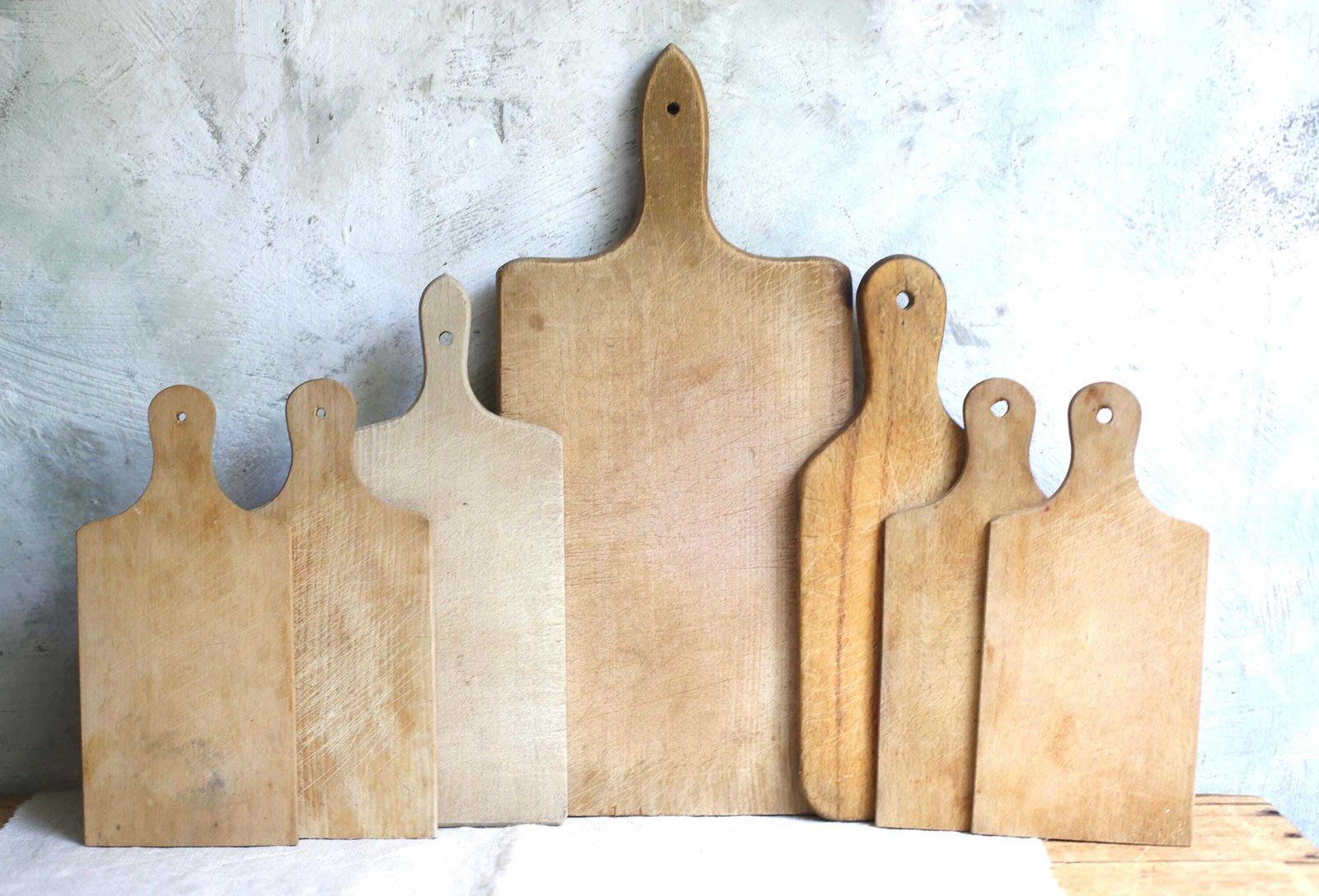 Collection Of 7 French Vintage Rustic Wooden Bread Chopping Cheese Cutting Small Serving Boards photo vinterior