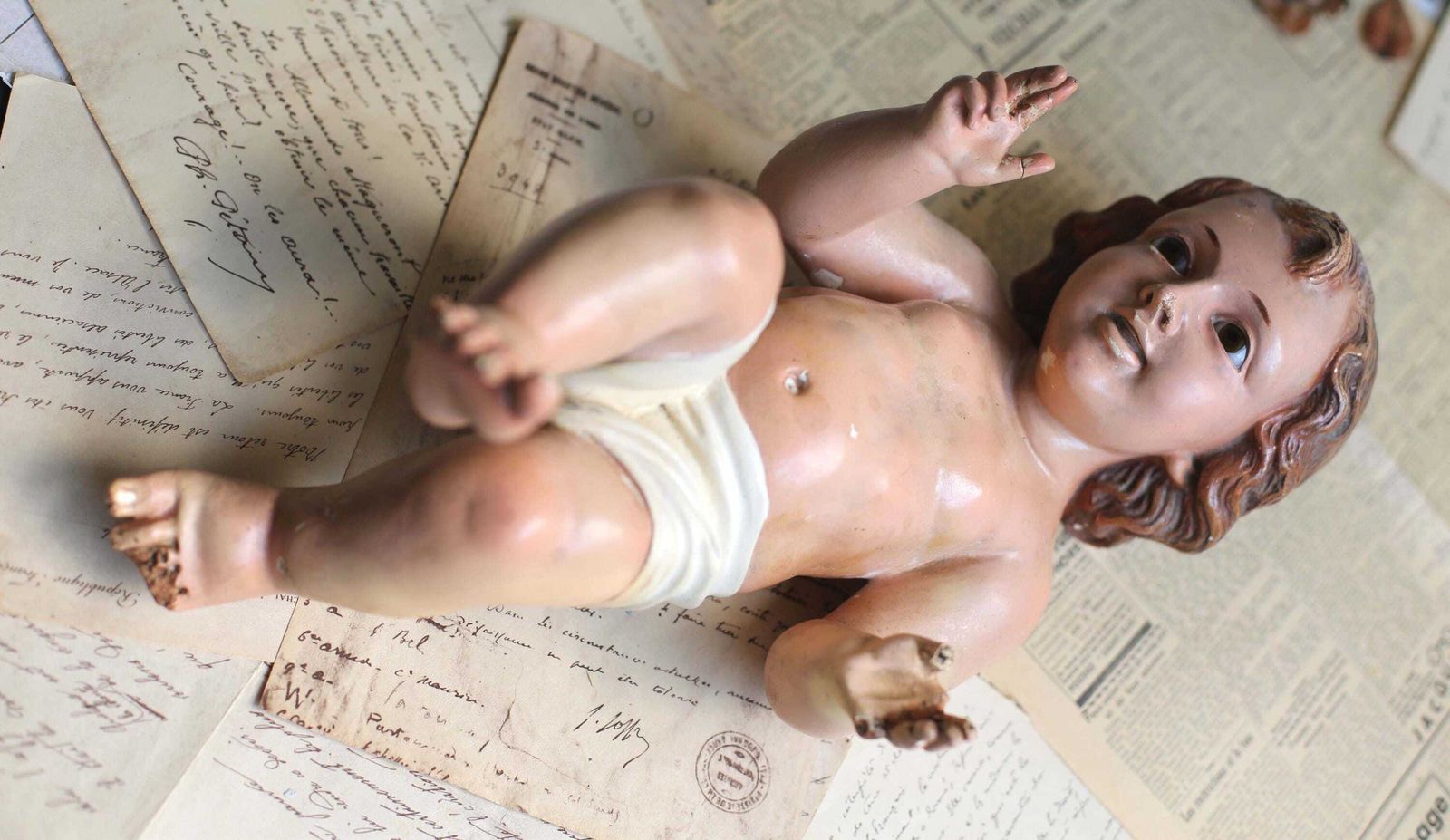 Large Antique Baby Jesus With Glass Eyes Spanish Creche Statue Plaster Infant Christ Figurine For Nativity Scene photo for sale