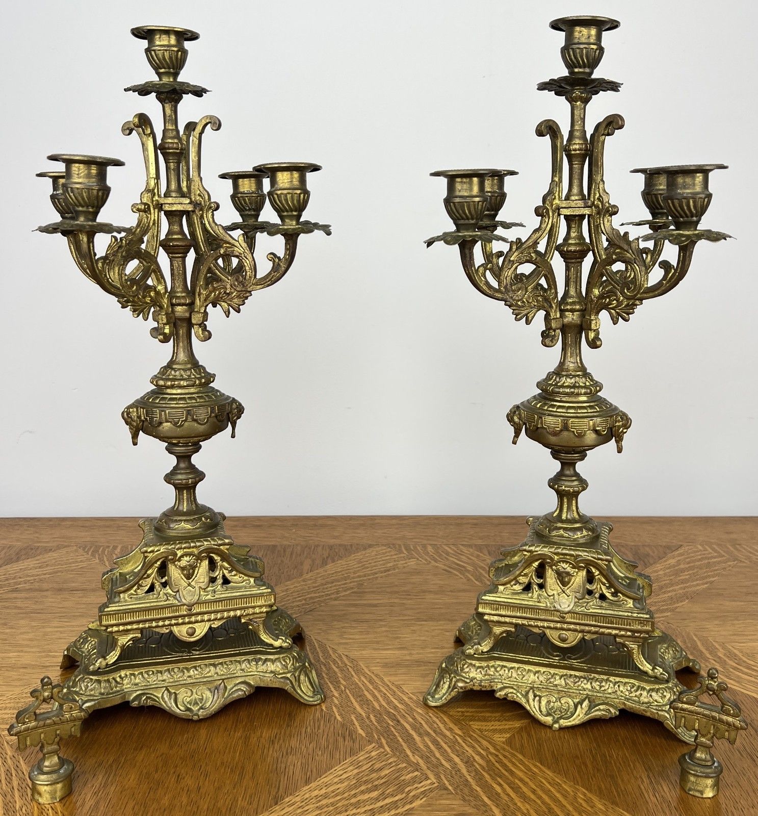Pair Of Candelabra Antique French Style Brass Five Arm Candle Holders Lot 6025 photo for sale