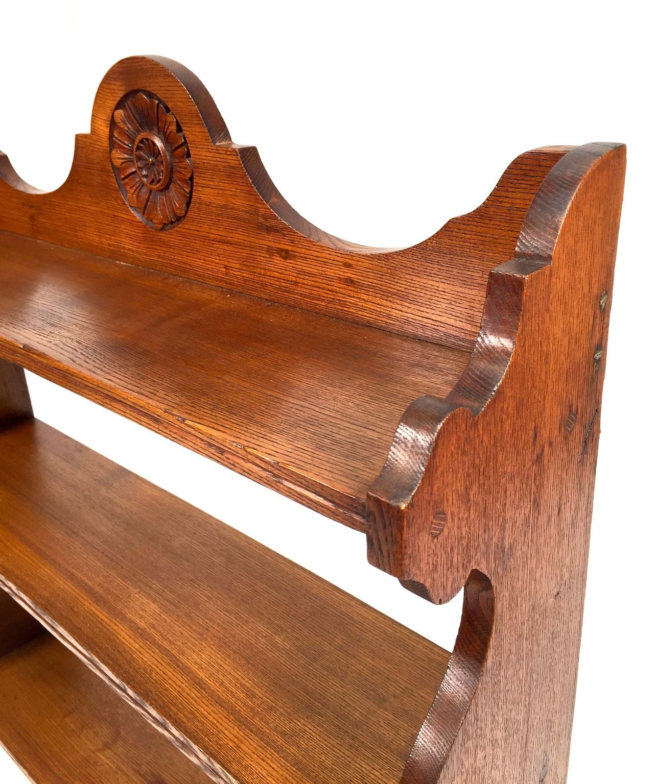 Antique Wooden Hand Carved Arts & Crafts Tabletop / Wall Shelf With Flower C1930 photo 119.0