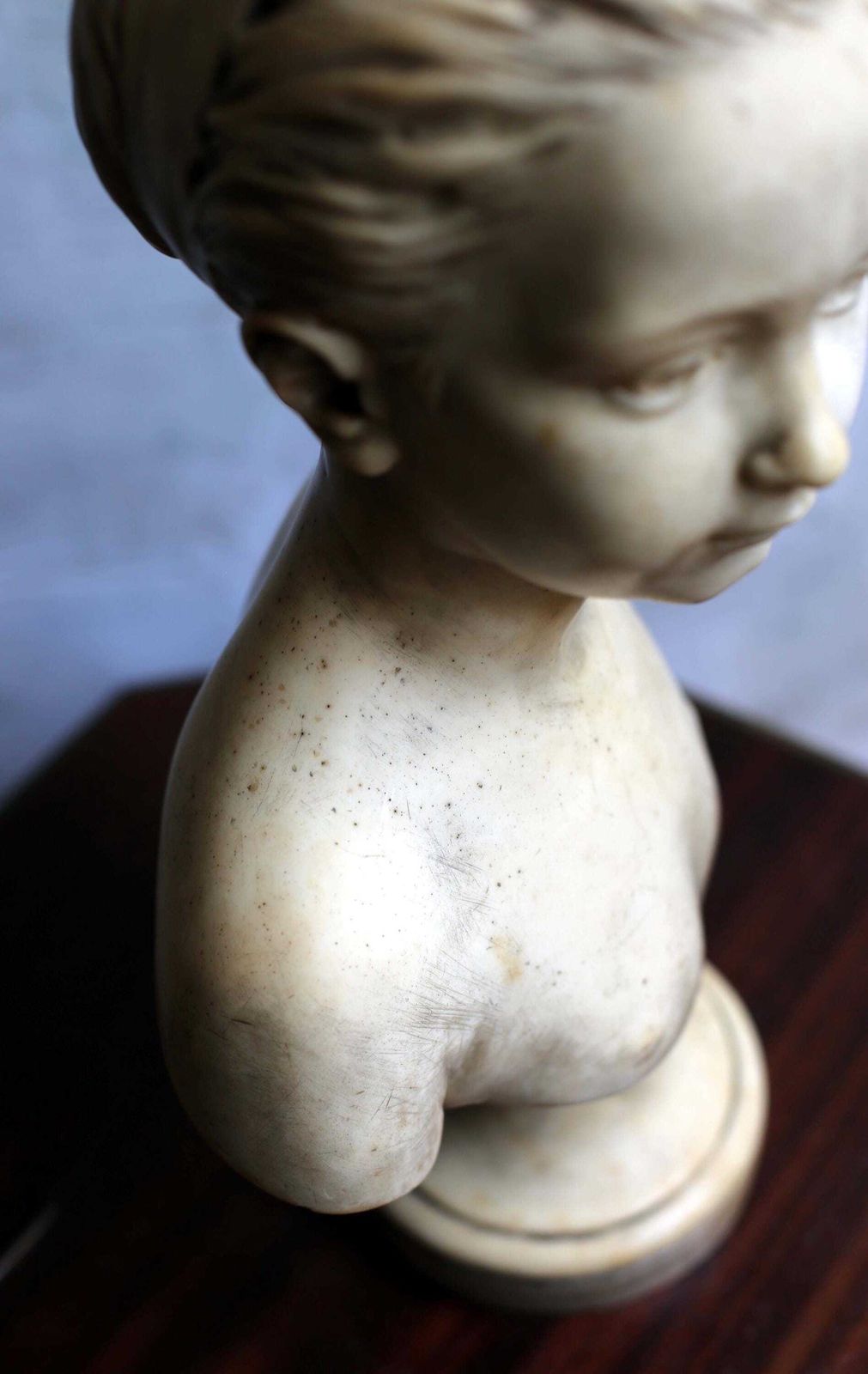 610.0 Large Antique Wax Bust Of Louise Brongniart After Houdon | Signed Embil French Child Portrait Sculpture | Neoclassical Decor photo