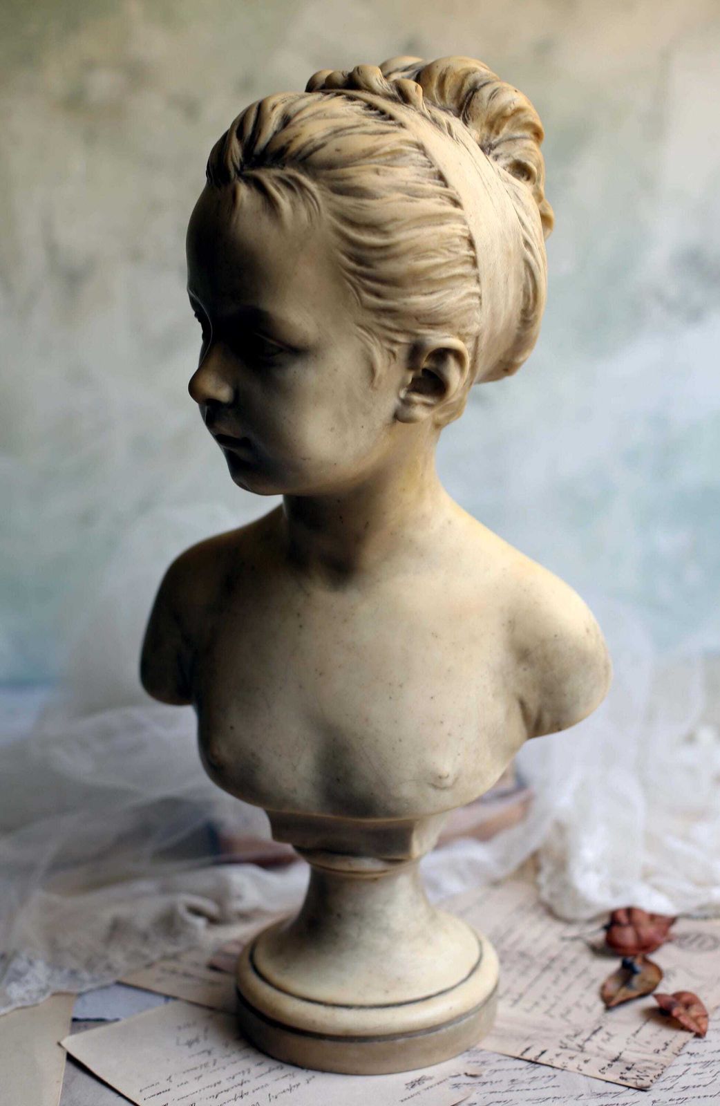 photo vinterior Large Antique Wax Bust Of Louise Brongniart After Houdon | Signed Embil French Child Portrait Sculpture | Neoclassical Decor